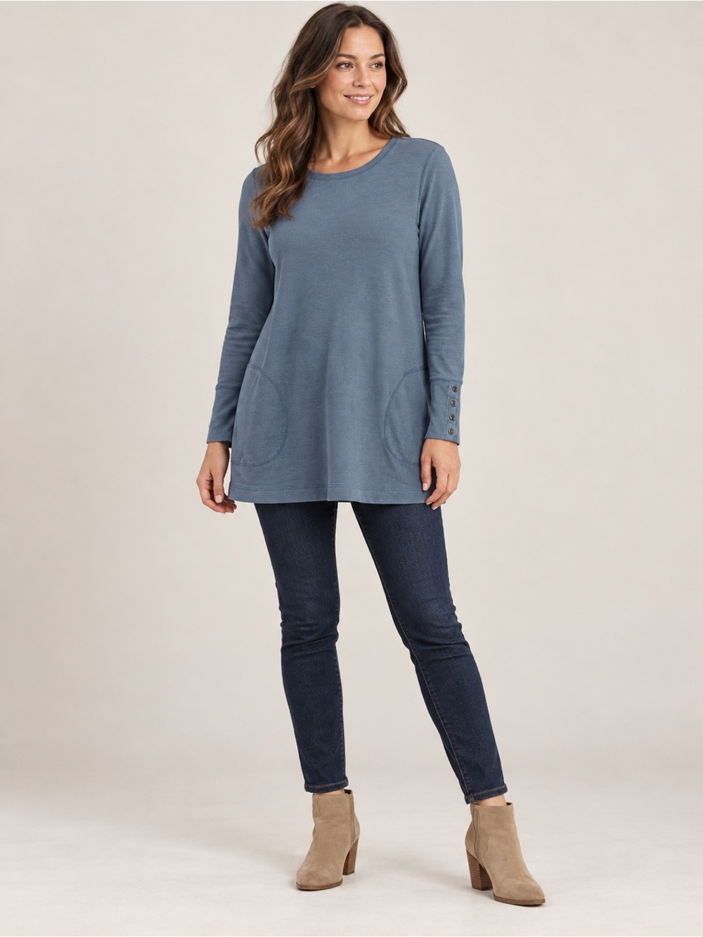 J.Jill Blue Waffle Knit Tunic Top Long Sleeve Button Cuff Pockets Size Medium
